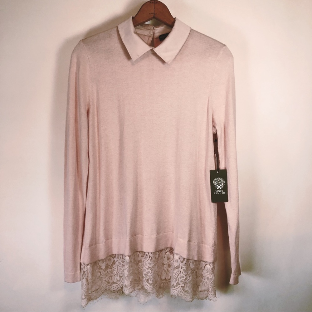 NWT Vince Camuto collared sweater with eyelash lace trim Size small